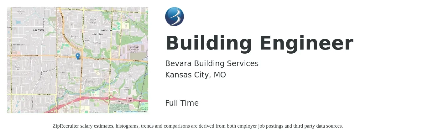 Bevara Building Services job posting for a Building Engineer in Kansas City, MO with a salary of $26 to $37 Hourly with a map of Kansas City location.