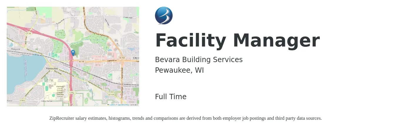 Bevara Building Services job posting for a Facility Manager in Pewaukee, WI with a salary of $48,900 to $82,700 Yearly with a map of Pewaukee location.
