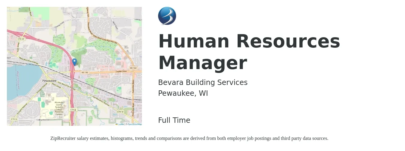 Bevara Building Services job posting for a Human Resources Manager in Pewaukee, WI with a salary of $90,000 to $125,000 Yearly with a map of Pewaukee location.