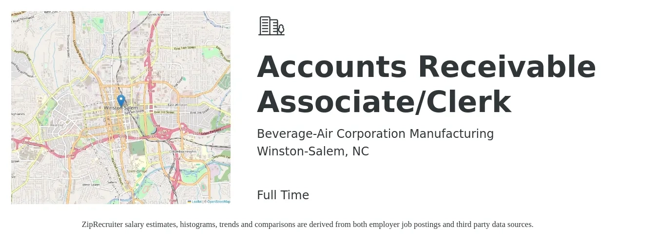 Beverage-Air Corporation Manufacturing job posting for a Accounts Receivable Associate/Clerk in Winston-Salem, NC with a salary of $18 to $22 Hourly with a map of Winston-Salem location.
