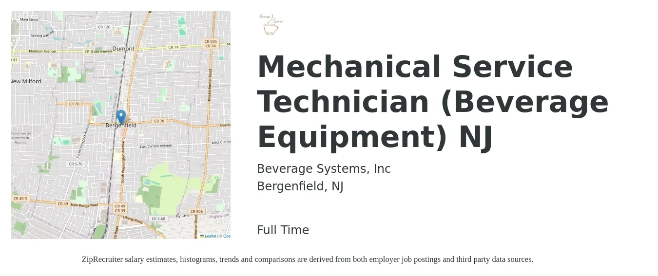 Beverage Systems, Inc job posting for a Mechanical Service Technician (Beverage Equipment) NJ in Bergenfield, NJ with a salary of $18 to $22 Hourly with a map of Bergenfield location.