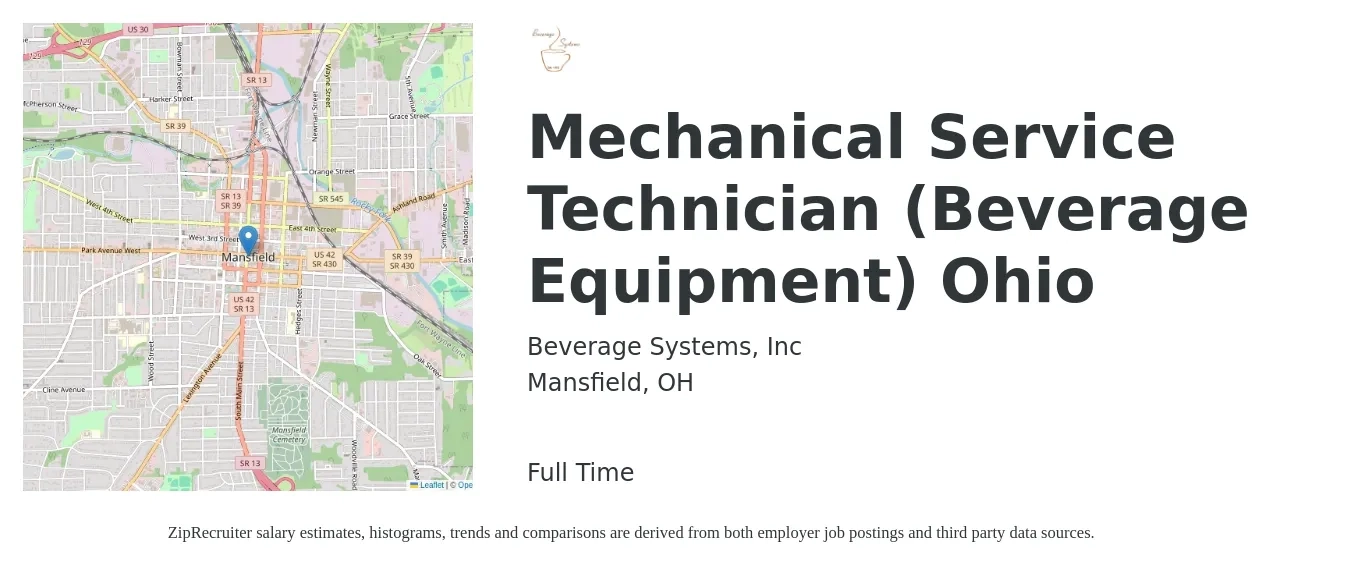 Beverage Systems, Inc job posting for a Mechanical Service Technician (Beverage Equipment) Ohio in Mansfield, OH with a salary of $18 to $22 Hourly with a map of Mansfield location.