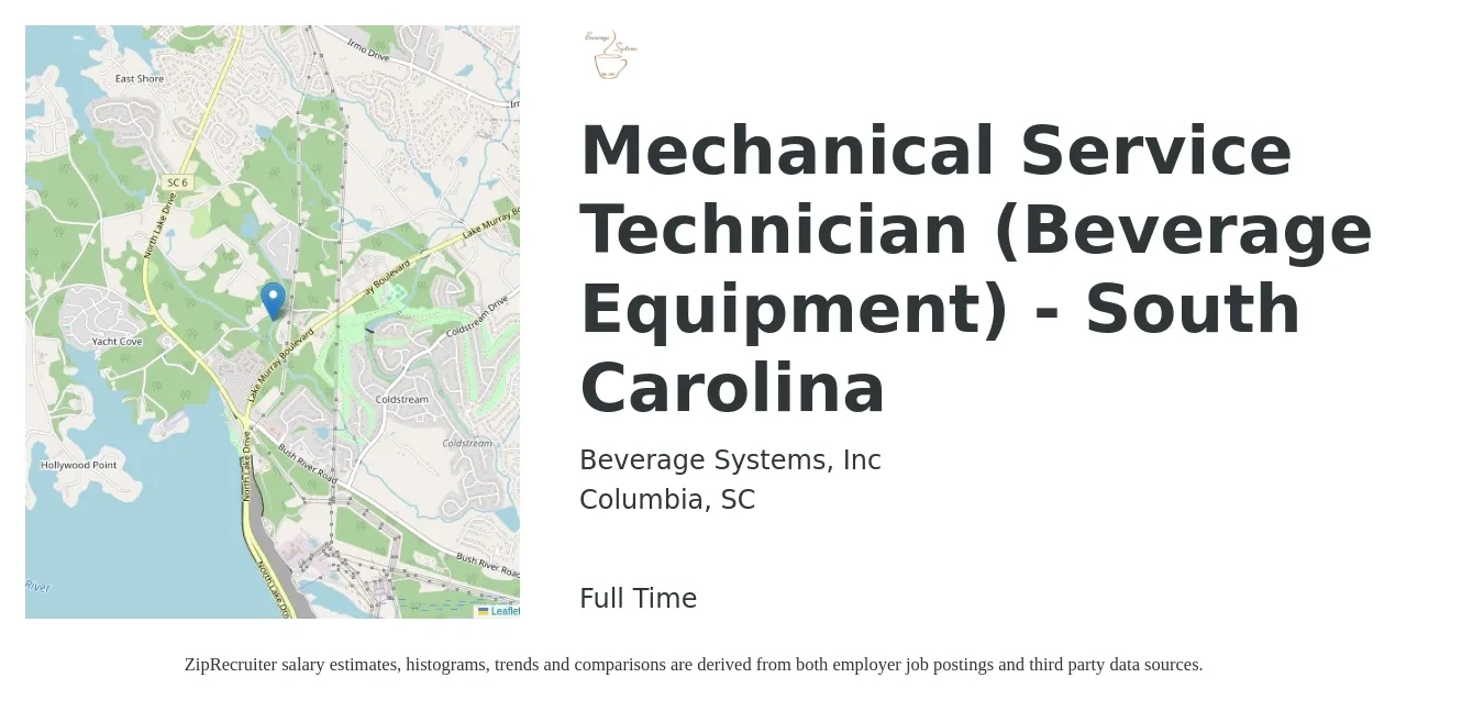 Beverage Systems, Inc job posting for a Mechanical Service Technician (Beverage Equipment) - South Carolina in Columbia, SC with a salary of $18 to $20 Hourly with a map of Columbia location.