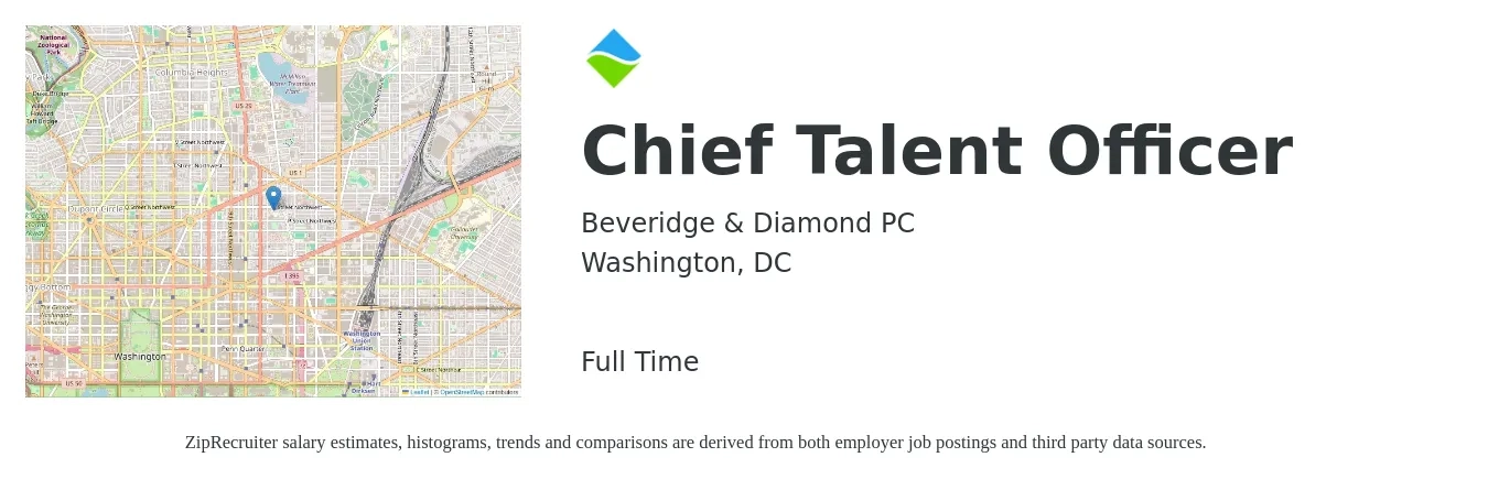 Beveridge & Diamond PC job posting for a Chief Talent Officer in Washington, DC with a salary of $119,700 to $242,800 Yearly with a map of Washington location.