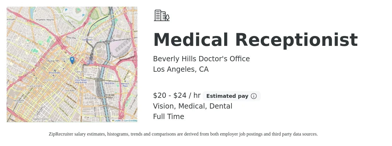 Beverly Hills Doctor's Office job posting for a Medical Receptionist in Los Angeles, CA with a salary of $21 to $25 Hourly and benefits including retirement, vision, dental, and medical with a map of Los Angeles location.