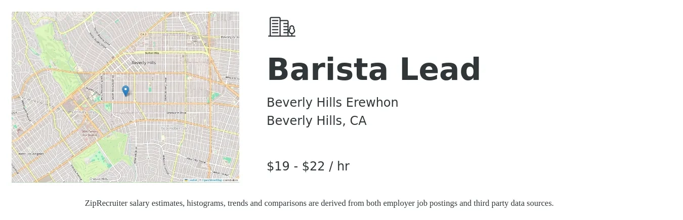 Beverly Hills Erewhon job posting for a Barista Lead in Beverly Hills, CA with a salary of $20 to $23 Hourly with a map of Beverly Hills location.
