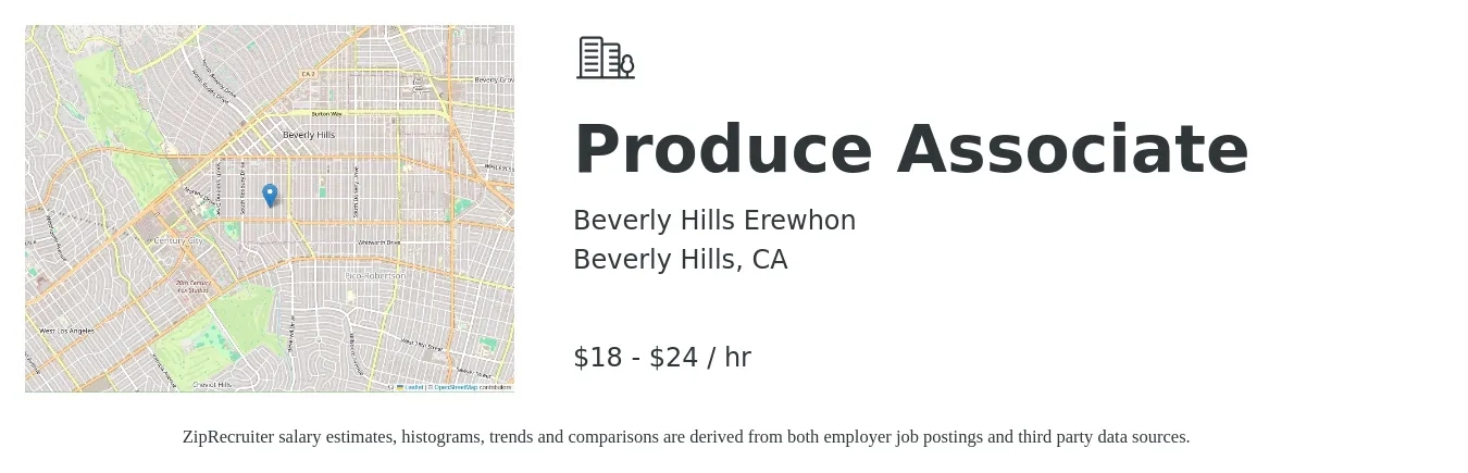 Beverly Hills Erewhon job posting for a Produce Associate in Beverly Hills, CA with a salary of $19 to $25 Hourly with a map of Beverly Hills location.