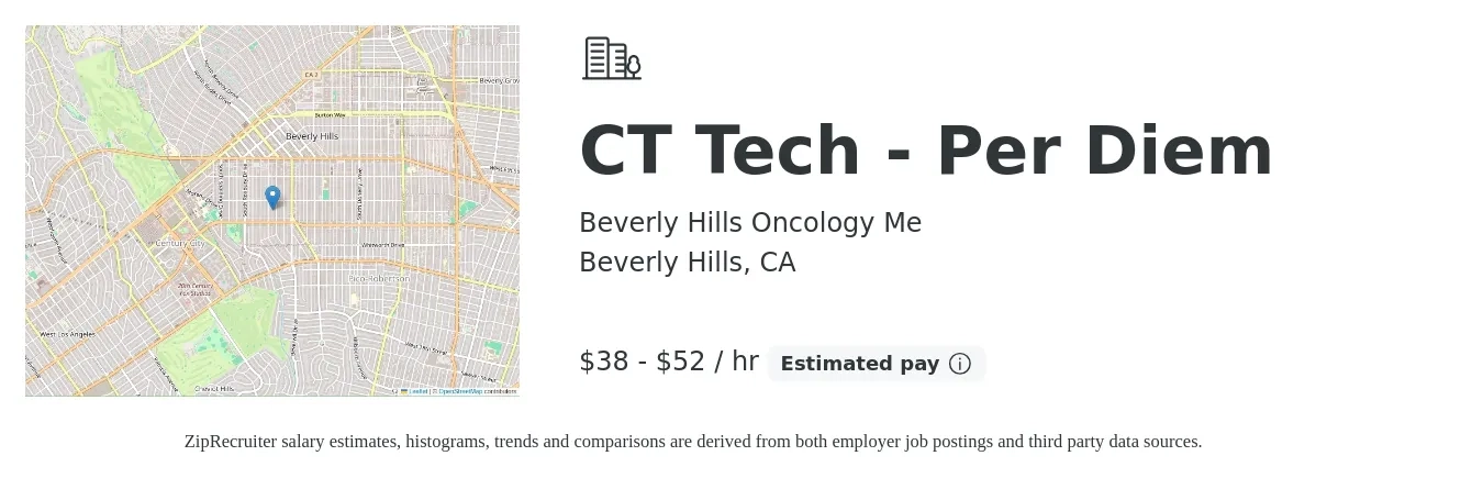 Beverly Hills Oncology Me job posting for a CT Tech - Per Diem in Beverly Hills, CA with a salary of $40 to $55 Hourly with a map of Beverly Hills location.