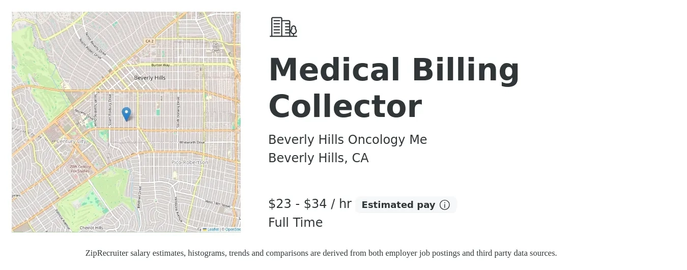 Beverly Hills Oncology Me job posting for a Medical Billing Collector in Beverly Hills, CA with a salary of $26 to $40 Hourly with a map of Beverly Hills location.