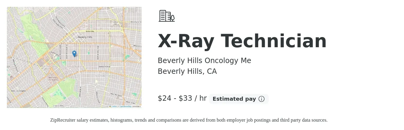 Beverly Hills Oncology Me job posting for a X-Ray Technician in Beverly Hills, CA with a salary of $25 to $35 Hourly with a map of Beverly Hills location.
