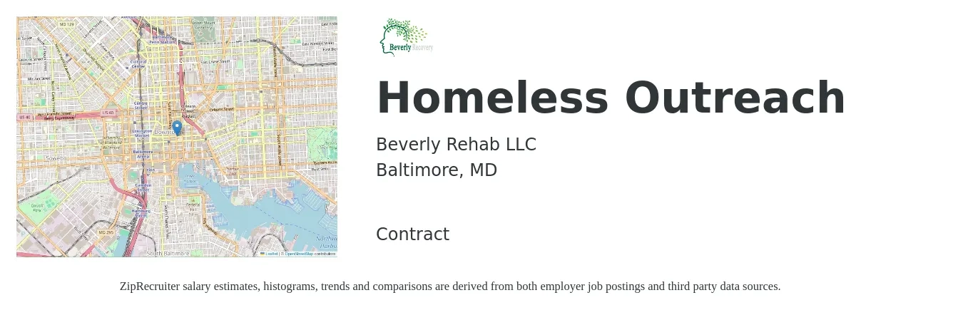 Beverly Rehab LLC job posting for a Homeless Outreach in Baltimore, MD with a salary of $5,000 Monthly with a map of Baltimore location.