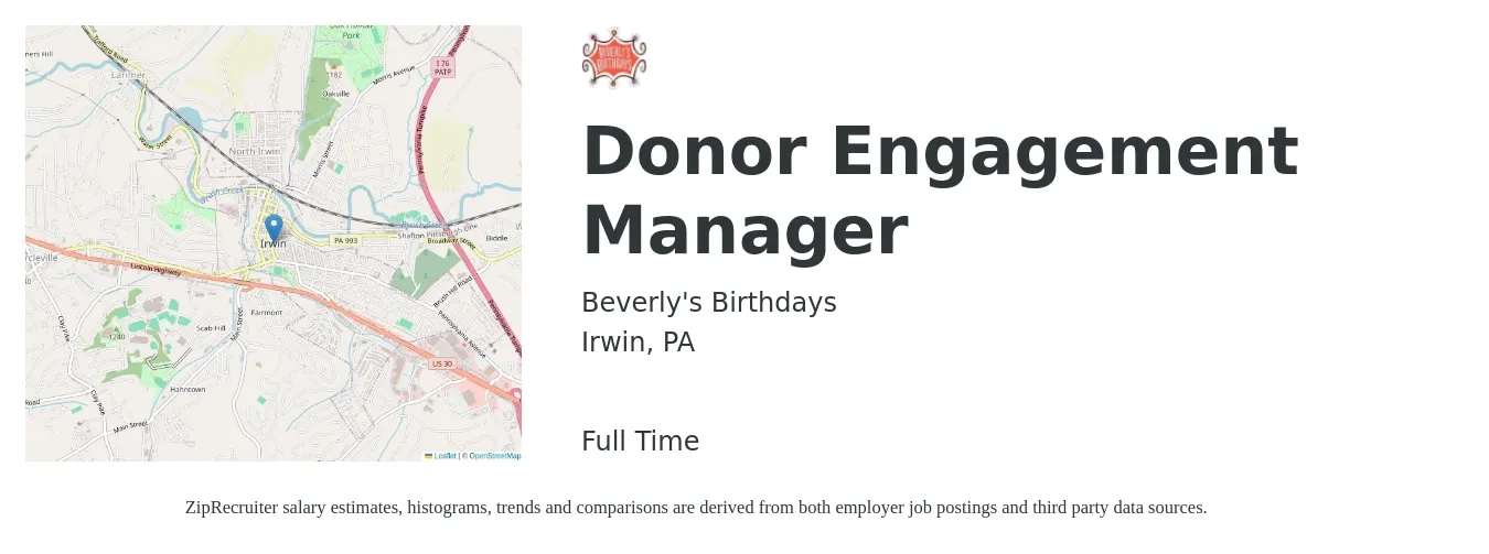 Beverly's Birthdays job posting for a Donor Engagement Manager in Irwin, PA with a salary of $46,400 to $80,800 Yearly with a map of Irwin location.