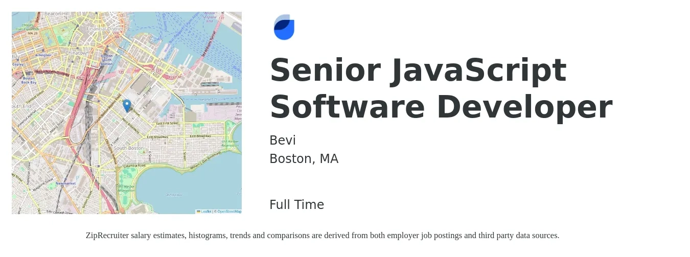 Bevi job posting for a Senior JavaScript Software Developer in Boston, MA with a salary of $59 to $78 Hourly with a map of Boston location.