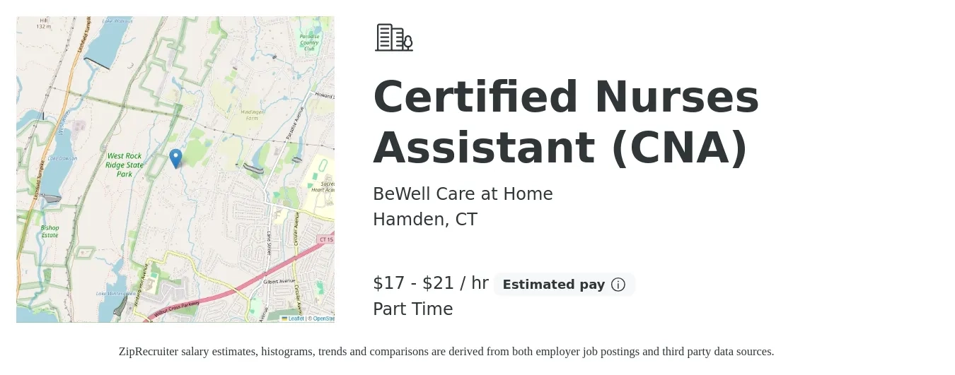BeWell Care at Home job posting for a Certified Nurses Assistant (CNA) in Hamden, CT with a salary of $18 to $22 Hourly with a map of Hamden location.