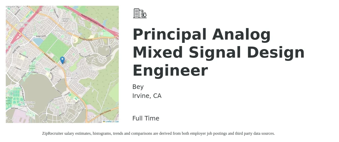 Bey job posting for a Principal Analog Mixed Signal Design Engineer in Irvine, CA with a salary of $216,800 Yearly with a map of Irvine location.