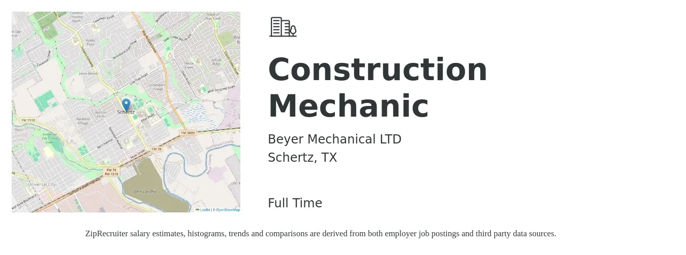 Beyer Mechanical LTD job posting for a Construction Mechanic in Schertz, TX with a salary of $19 to $27 Hourly with a map of Schertz location.