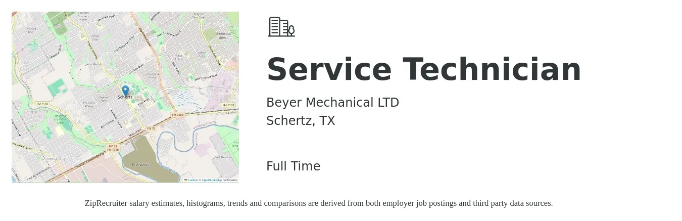 Beyer Mechanical LTD job posting for a Service Technician in Schertz, TX with a salary of $18 to $25 Hourly with a map of Schertz location.