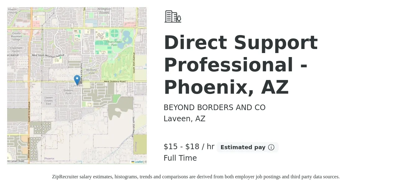 BEYOND BORDERS AND CO job posting for a Direct Support Professional - Phoenix, AZ in Laveen, AZ with a salary of $16 to $19 Hourly with a map of Laveen location.