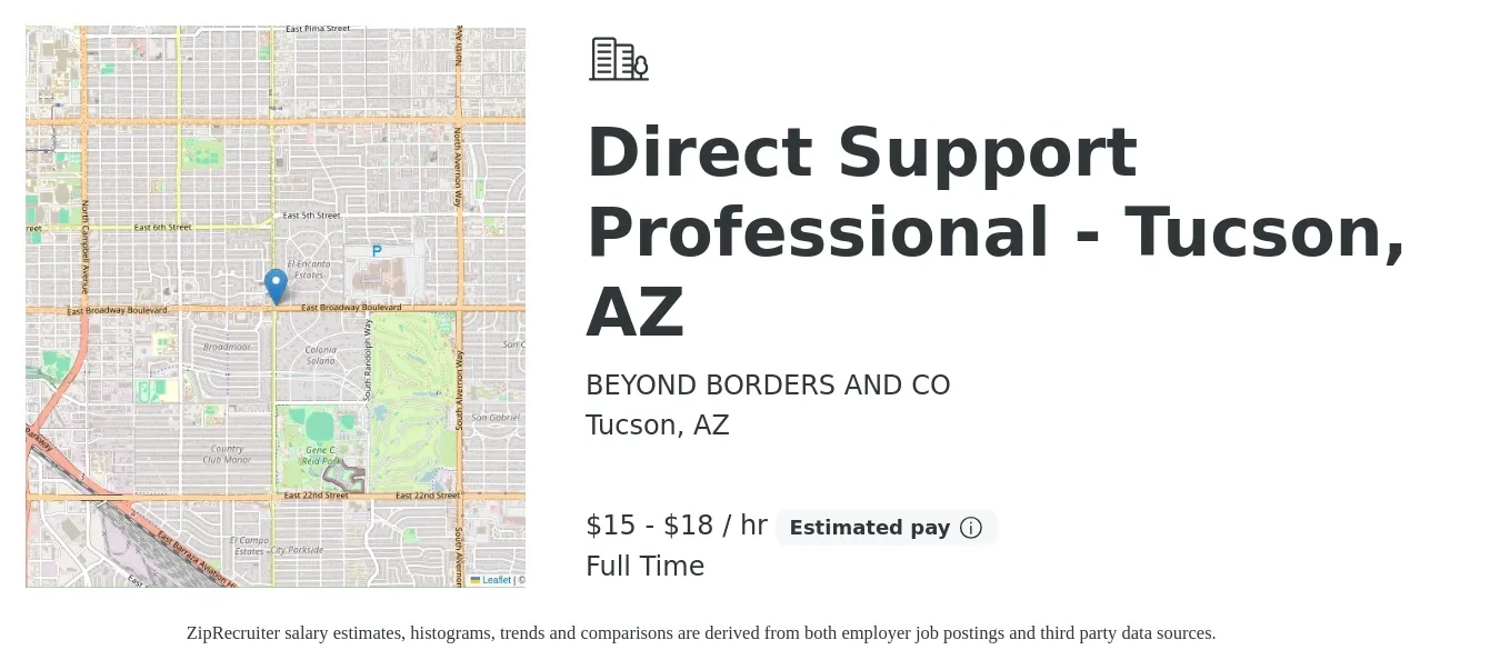 BEYOND BORDERS AND CO job posting for a Direct Support Professional - Tucson, AZ in Tucson, AZ with a salary of $16 to $19 Hourly with a map of Tucson location.