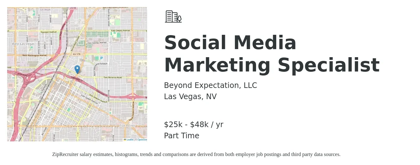 Beyond Expectation, LLC job posting for a Social Media Marketing Specialist in Las Vegas, NV with a salary of $25,000 to $48,000 Yearly with a map of Las Vegas location.