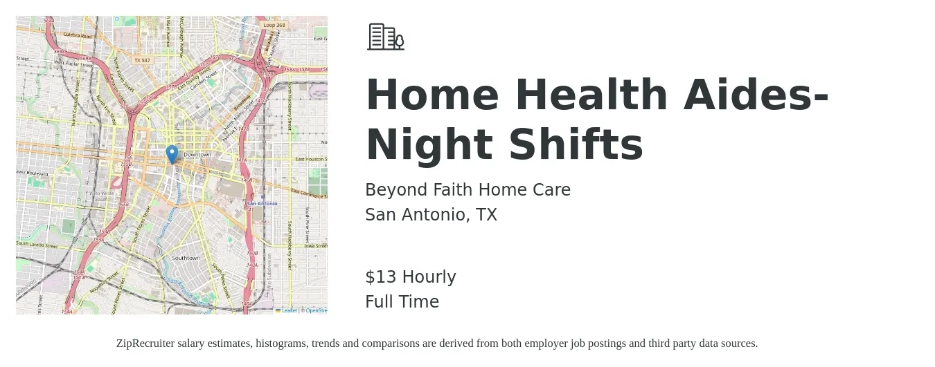 Beyond Faith Home Care job posting for a Home Health Aides-Night Shifts in San Antonio, TX with a salary of $14 Hourly with a map of San Antonio location.