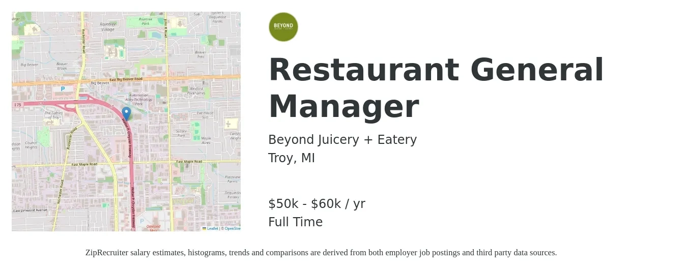 Beyond Juicery + Eatery job posting for a Restaurant General Manager in Troy, MI with a salary of $50,000 to $60,000 Yearly with a map of Troy location.