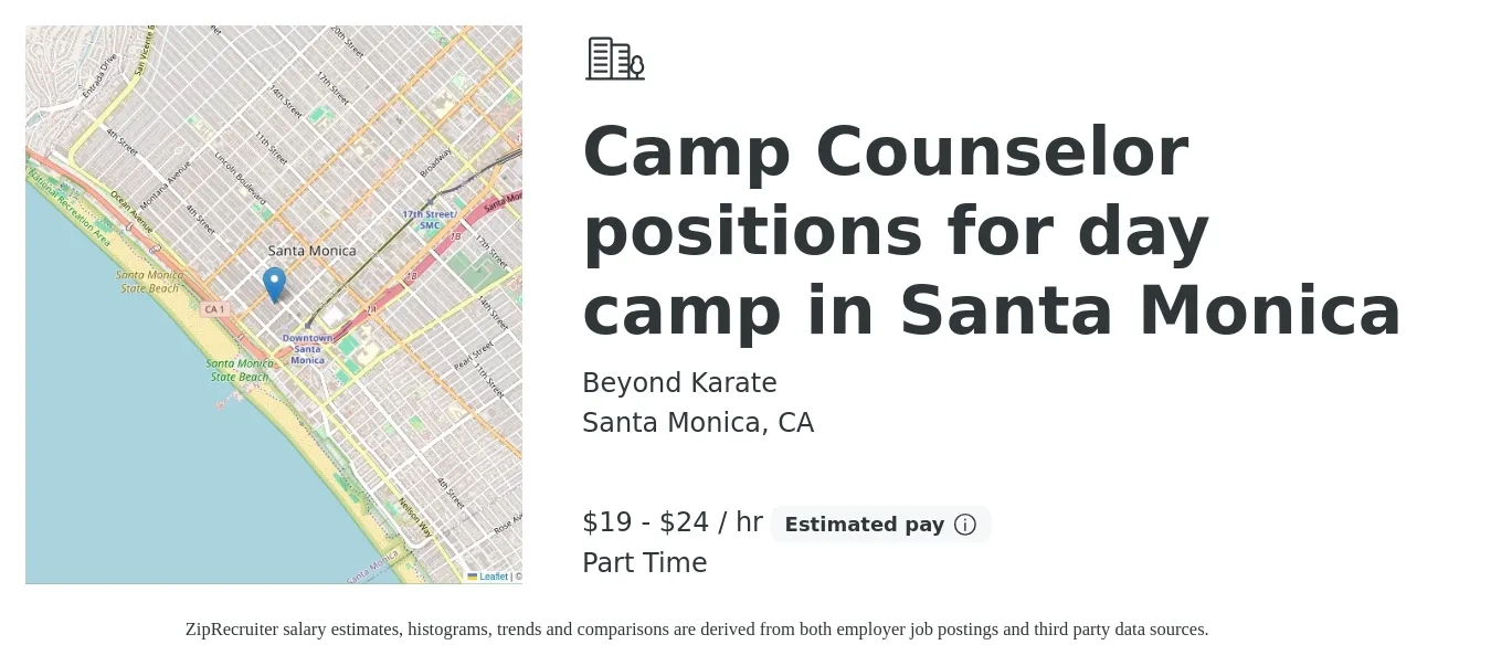 Beyond Karate job posting for a Camp Counselor positions for day camp in Santa Monica in Santa Monica, CA with a salary of $20 to $25 Hourly with a map of Santa Monica location.