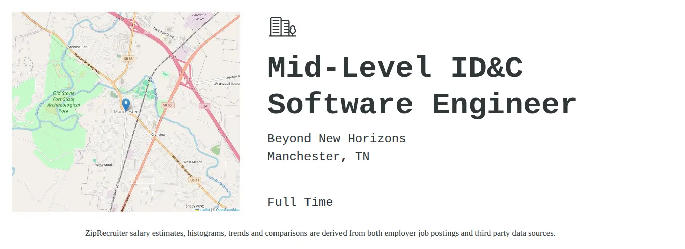 Beyond New Horizons job posting for a Mid-Level ID&C Software Engineer in Manchester, TN with a salary of $102,600 to $147,900 Annually with a map of Manchester location.