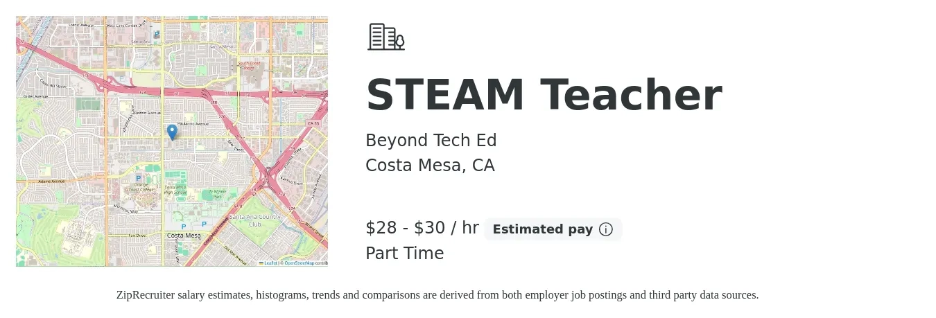 Beyond Tech Ed job posting for a STEAM Teacher in Costa Mesa, CA with a salary of $30 to $32 Hourly with a map of Costa Mesa location.