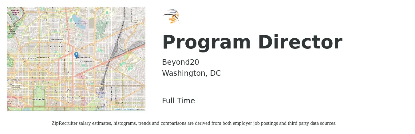Beyond20 job posting for a Program Director in Washington, DC with a salary of $60,000 to $104,800 Yearly with a map of Washington location.
