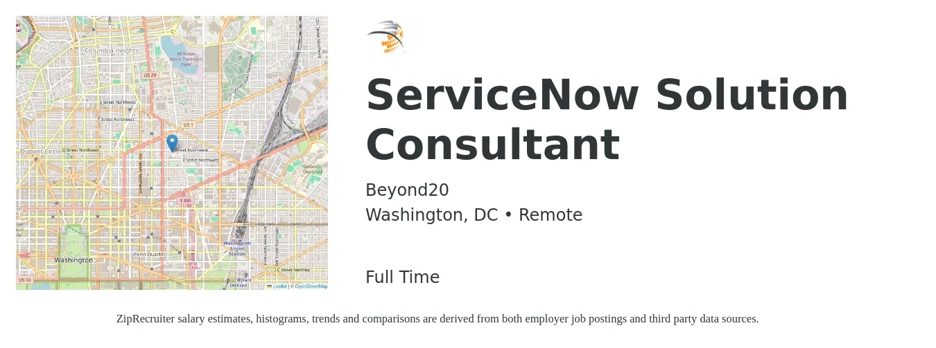 Beyond20 job posting for a ServiceNow Solution Consultant in Washington, DC with a salary of $24 to $78 Hourly with a map of Washington location.