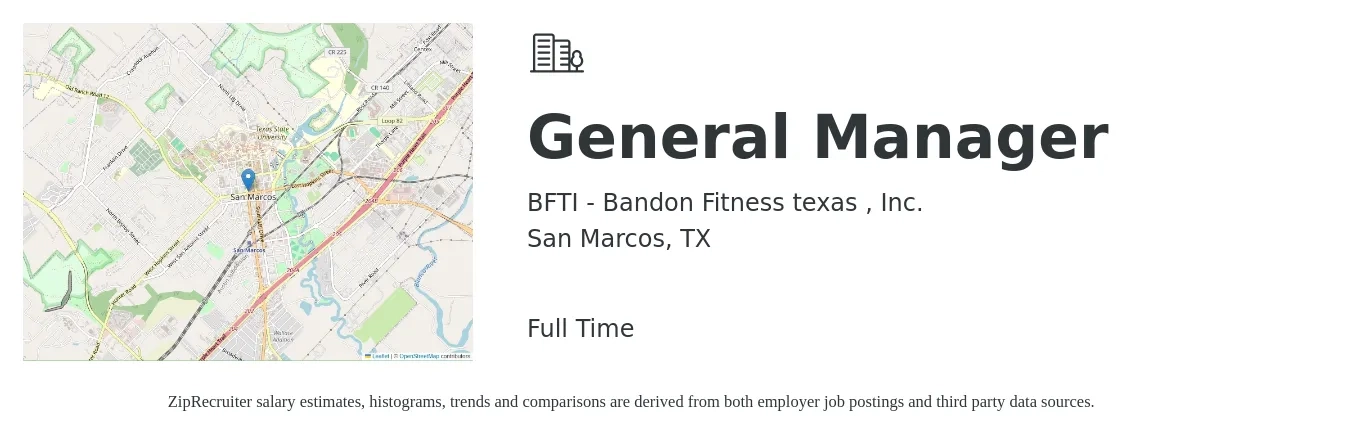 BFTI - Bandon Fitness texas , Inc. job posting for a General Manager in San Marcos, TX with a salary of $47,400 to $70,900 Yearly with a map of San Marcos location.