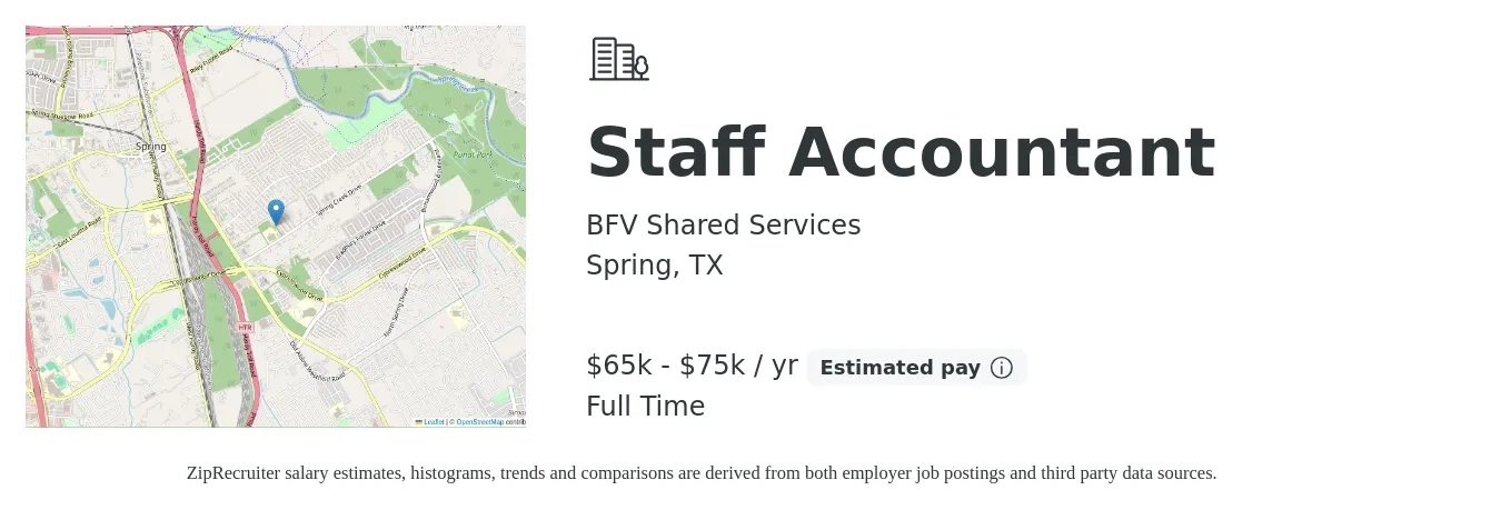 BFV Shared Services job posting for a Staff Accountant in Spring, TX with a salary of $65,000 to $75,000 Yearly with a map of Spring location.