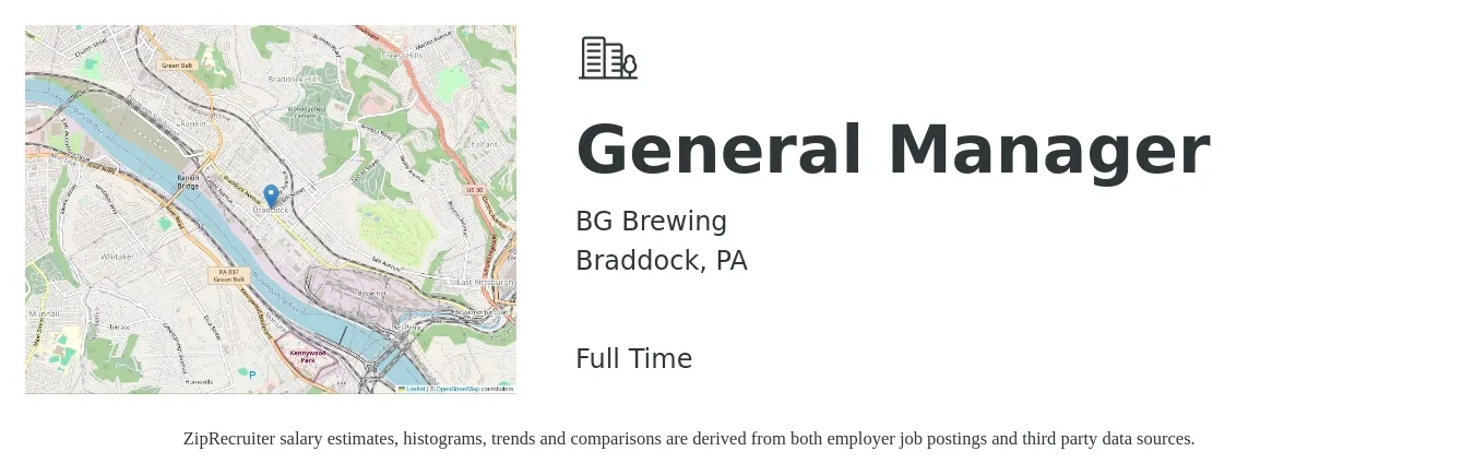 BG Brewing job posting for a General Manager in Braddock, PA with a salary of $46,400 to $69,400 Yearly with a map of Braddock location.