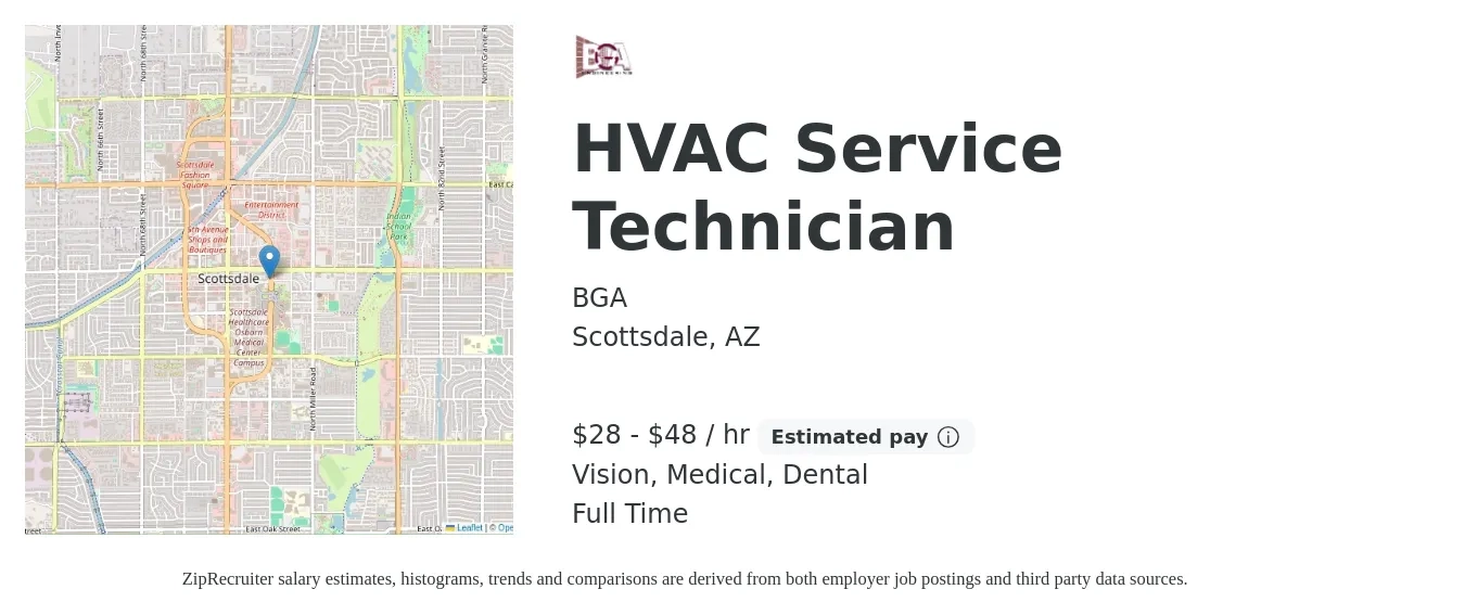 BGA job posting for a HVAC Service Technician in Scottsdale, AZ with a salary of $30 to $50 Hourly and benefits including life_insurance, medical, pto, retirement, vision, and dental with a map of Scottsdale location.