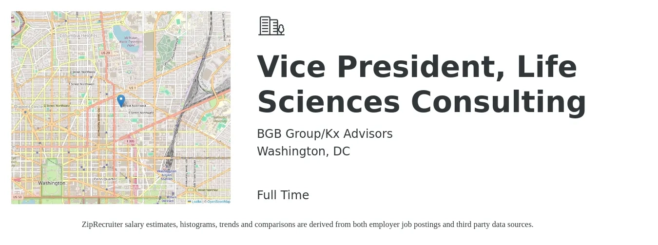 BGB Group/Kx Advisors job posting for a Vice President, Life Sciences Consulting in Washington, DC with a salary of $130,200 to $215,200 Yearly with a map of Washington location.