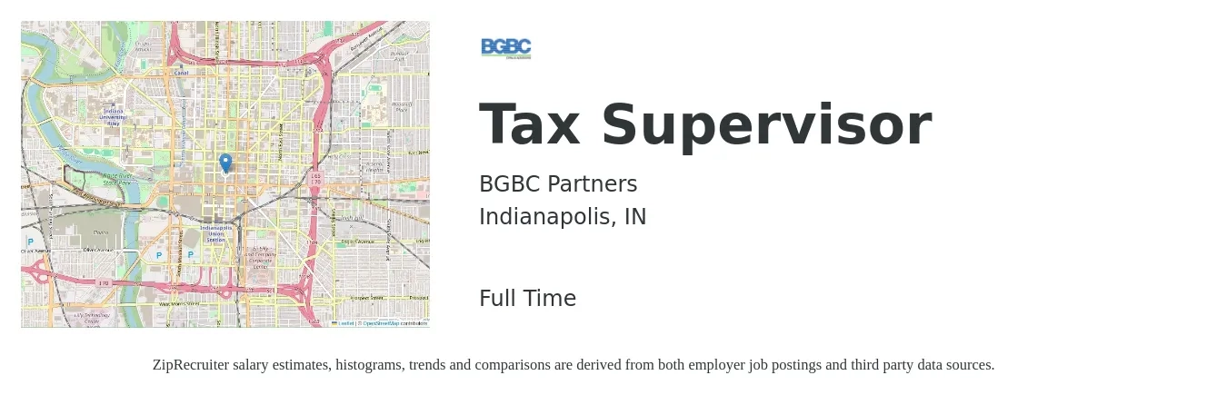 BGBC Partners job posting for a Tax Supervisor in Indianapolis, IN with a salary of $106,100 to $139,000 Yearly with a map of Indianapolis location.