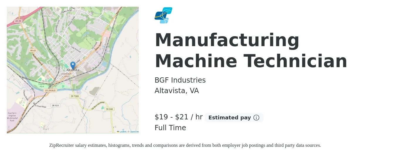 BGF Industries job posting for a Manufacturing Machine Technician in Altavista, VA with a salary of $20 to $22 Hourly with a map of Altavista location.