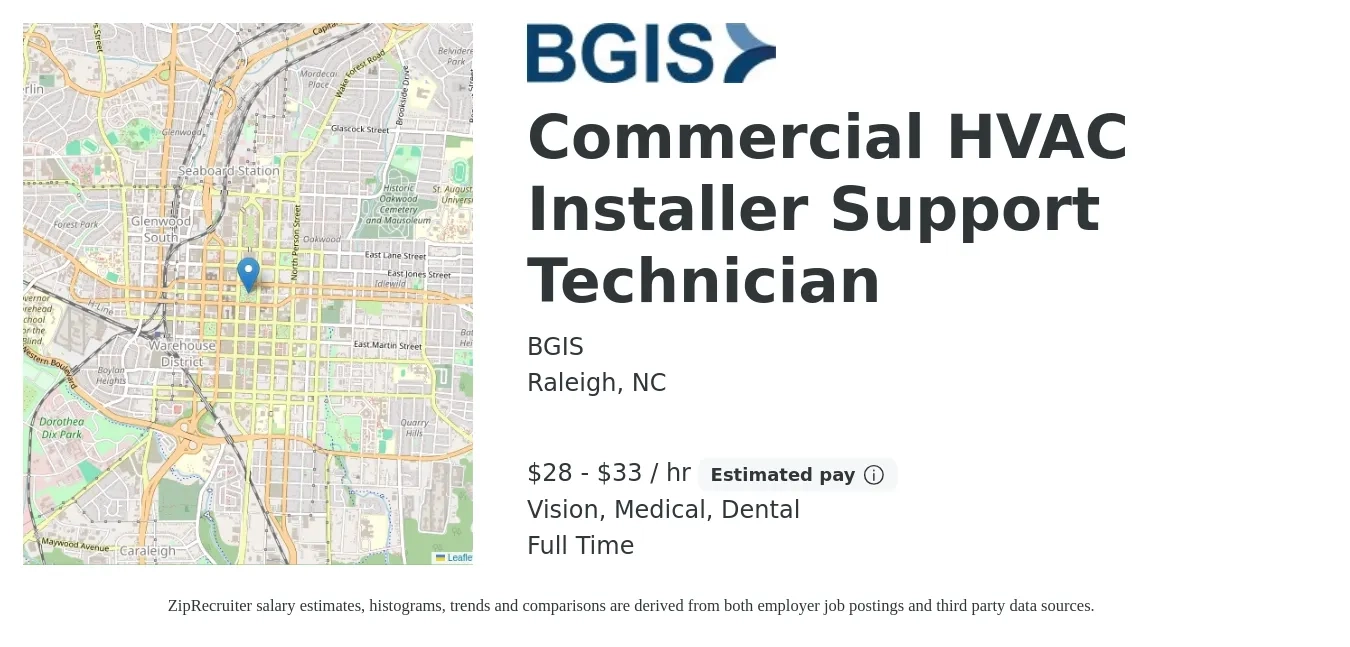 BGIS job posting for a Commercial HVAC Installer Support Technician in Raleigh, NC with a salary of $30 to $35 Hourly and benefits including life_insurance, medical, pto, retirement, vision, and dental with a map of Raleigh location.