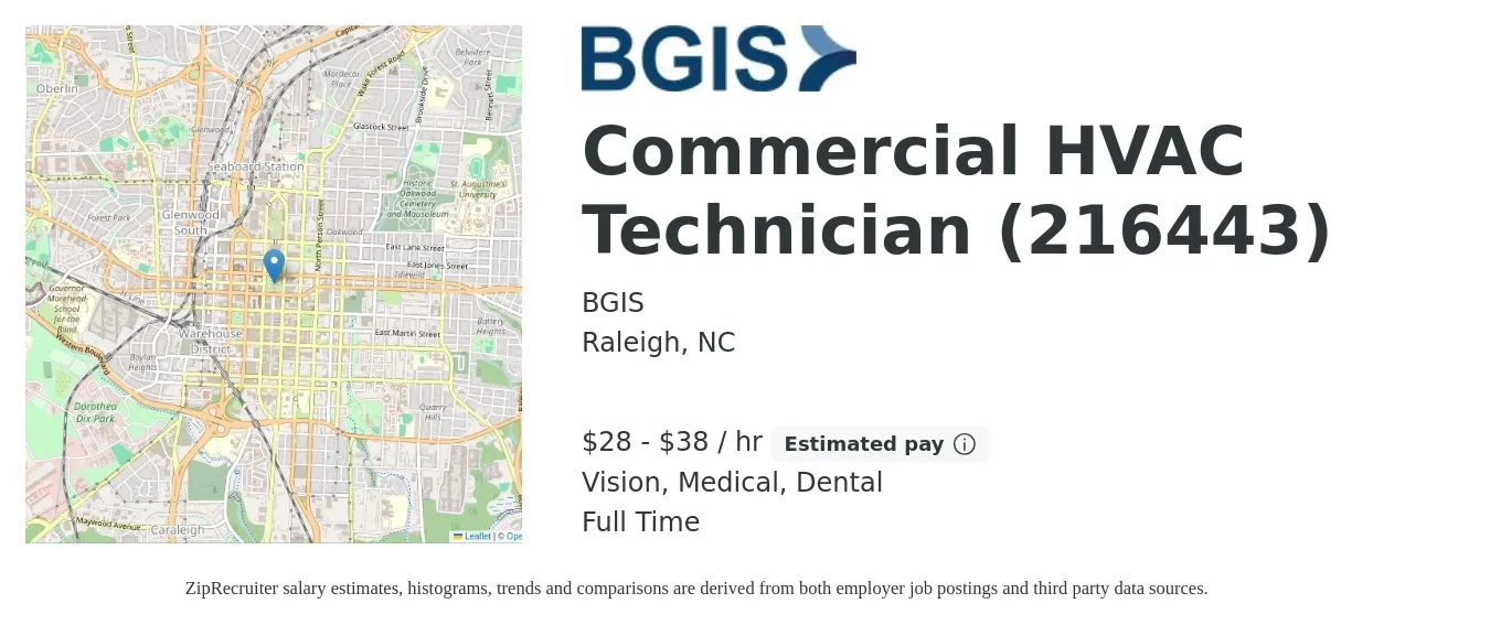 BGIS job posting for a Commercial HVAC Technician (216443) in Raleigh, NC with a salary of $30 to $40 Hourly and benefits including life_insurance, medical, pto, retirement, vision, and dental with a map of Raleigh location.