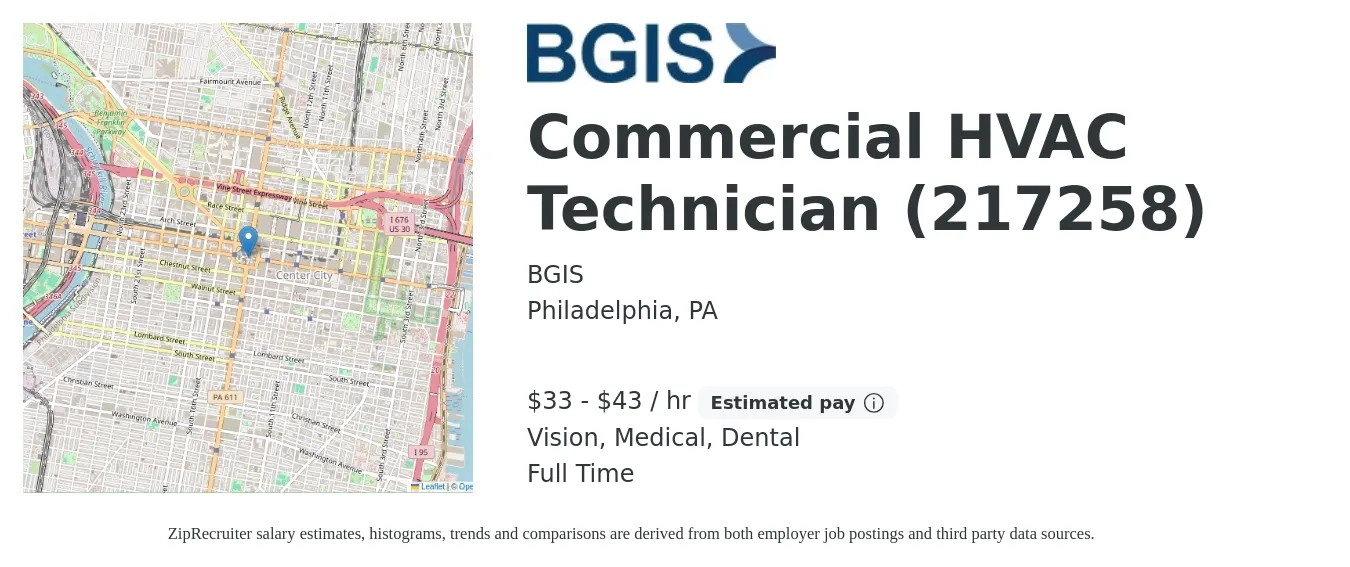 BGIS job posting for a Commercial HVAC Technician (217258) in Philadelphia, PA with a salary of $35 to $45 Hourly and benefits including pto, retirement, vision, dental, life_insurance, and medical with a map of Philadelphia location.