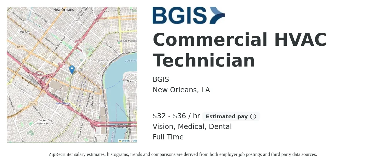 BGIS job posting for a Commercial HVAC Technician in New Orleans, LA with a salary of $34 to $38 Hourly and benefits including retirement, vision, dental, life_insurance, and medical with a map of New Orleans location.