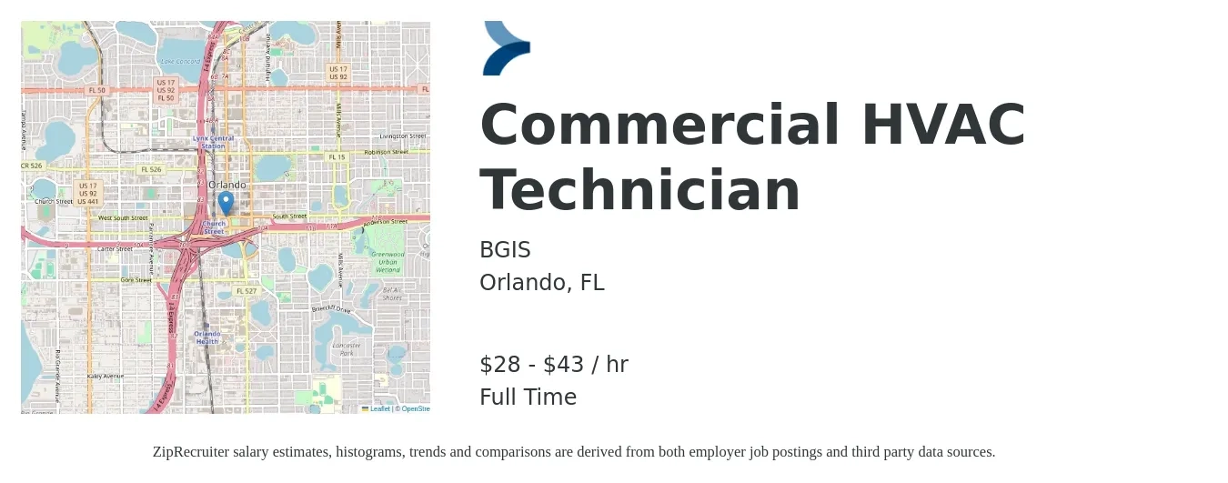 BGIS job posting for a Commercial HVAC Technician in Orlando, FL with a salary of $30 to $40 Hourly with a map of Orlando location.