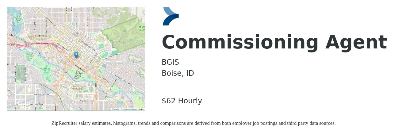 BGIS job posting for a Commissioning Agent in Boise, ID with a salary of $75,000 to $85,000 Yearly and benefits including retirement, vision, dental, life_insurance, and medical with a map of Boise location.