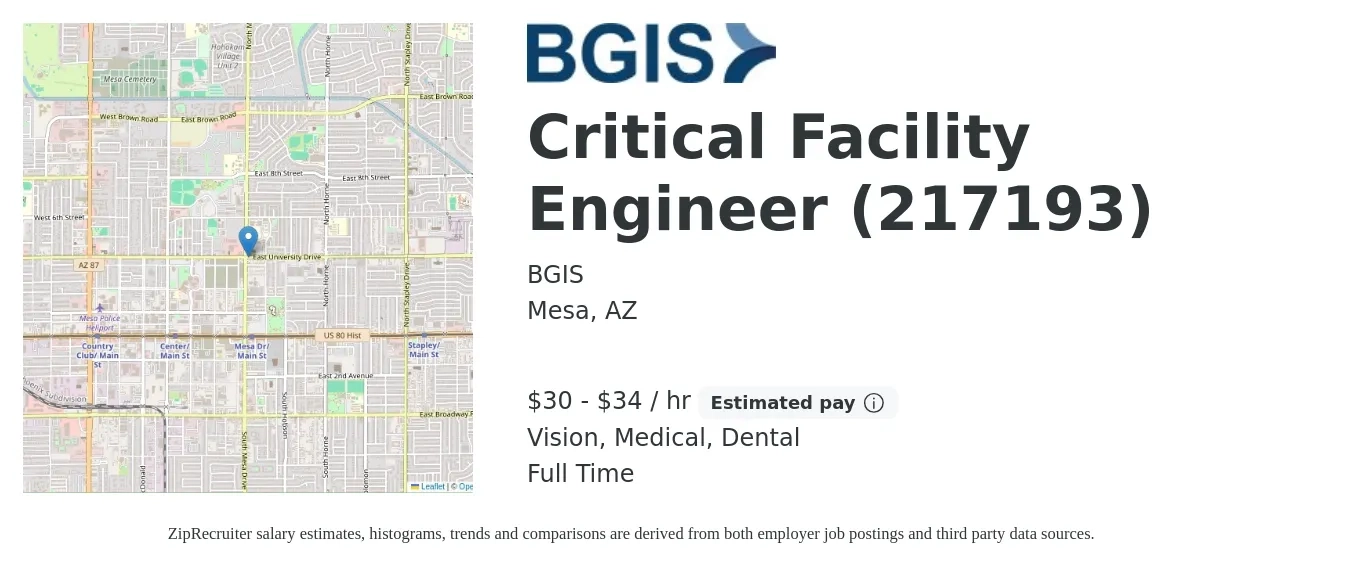 BGIS job posting for a Critical Facility Engineer (217193) in Mesa, AZ with a salary of $32 to $36 Hourly and benefits including life_insurance, medical, retirement, vision, and dental with a map of Mesa location.