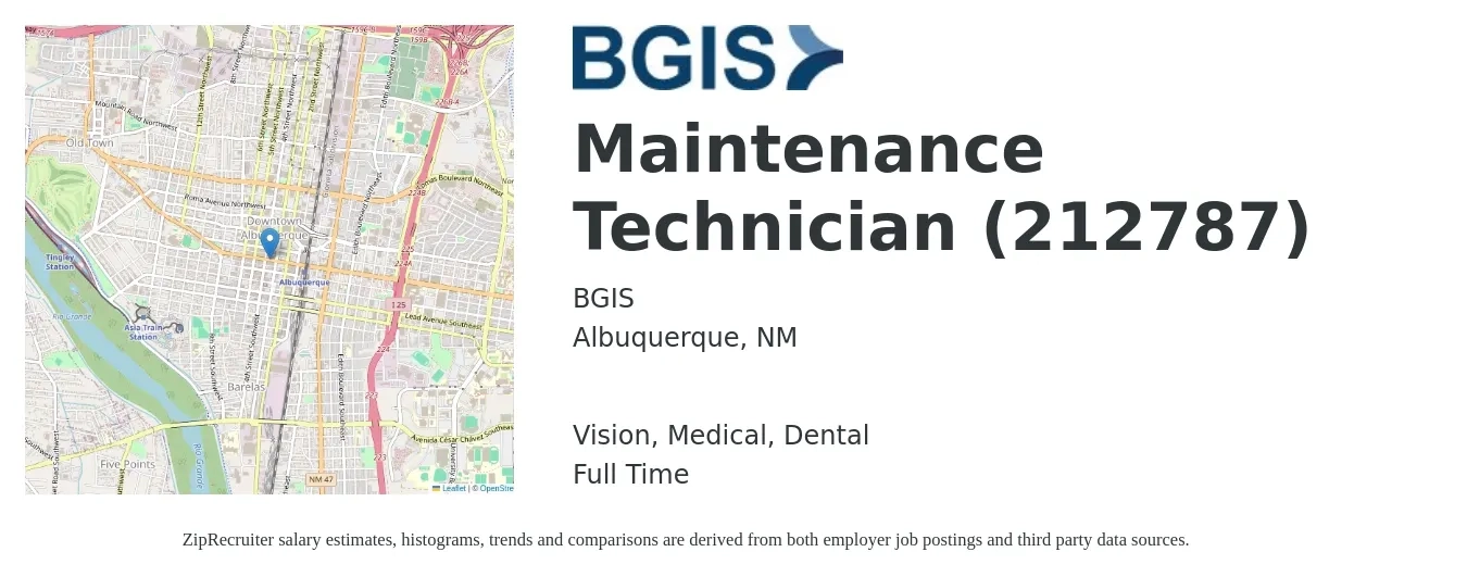 BGIS job posting for a Maintenance Technician (212787) in Albuquerque, NM with a salary of $19 to $26 Hourly and benefits including retirement, vision, dental, life_insurance, and medical with a map of Albuquerque location.