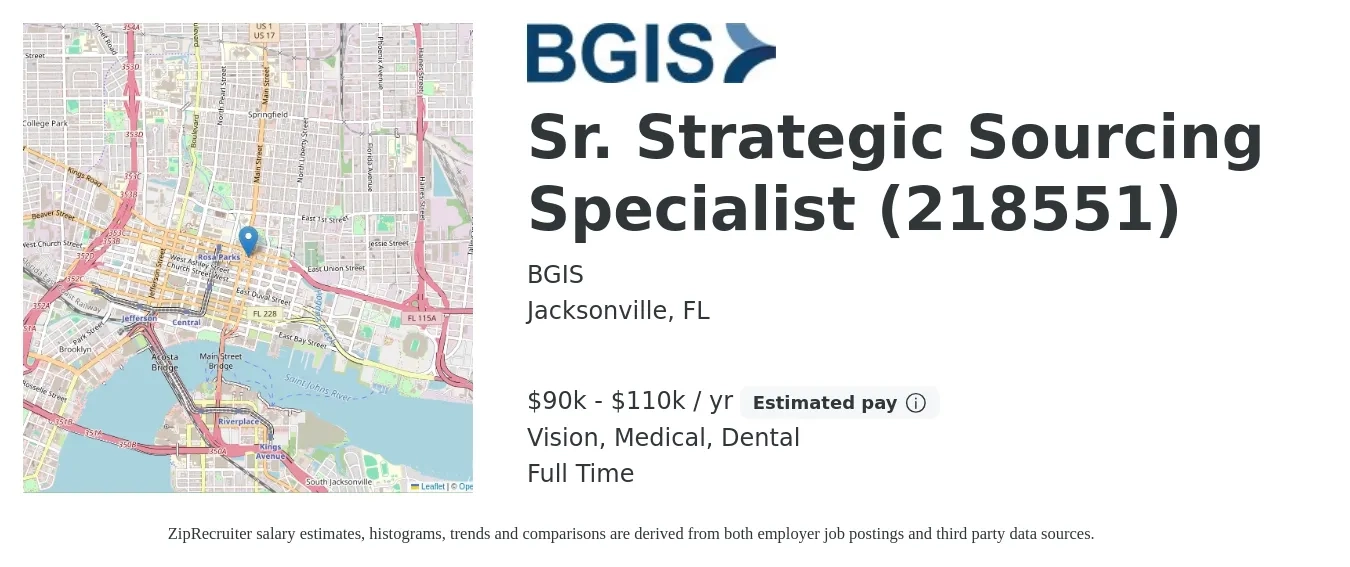 BGIS job posting for a Sr. Strategic Sourcing Specialist (218551) in Jacksonville, FL with a salary of $90,000 to $110,000 Yearly and benefits including life_insurance, medical, pto, retirement, vision, and dental with a map of Jacksonville location.