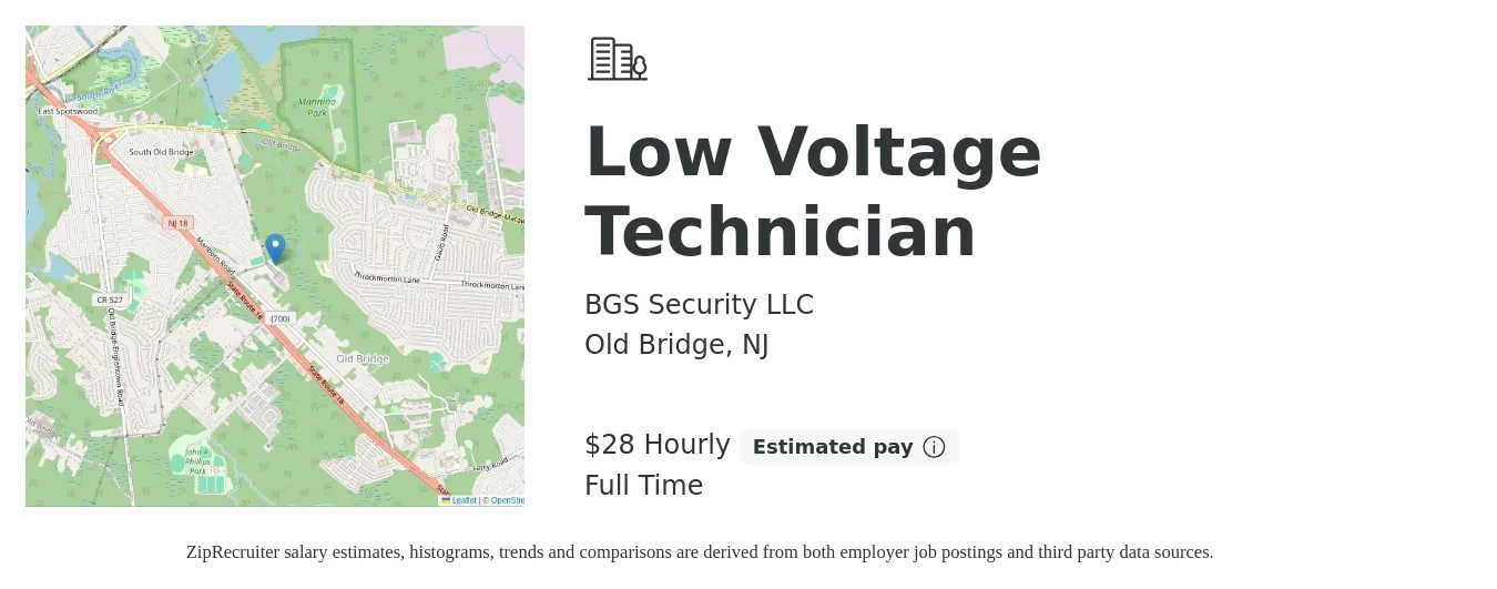 BGS Security LLC job posting for a Low Voltage Technician in Old Bridge, NJ with a salary of $30 Hourly with a map of Old Bridge location.