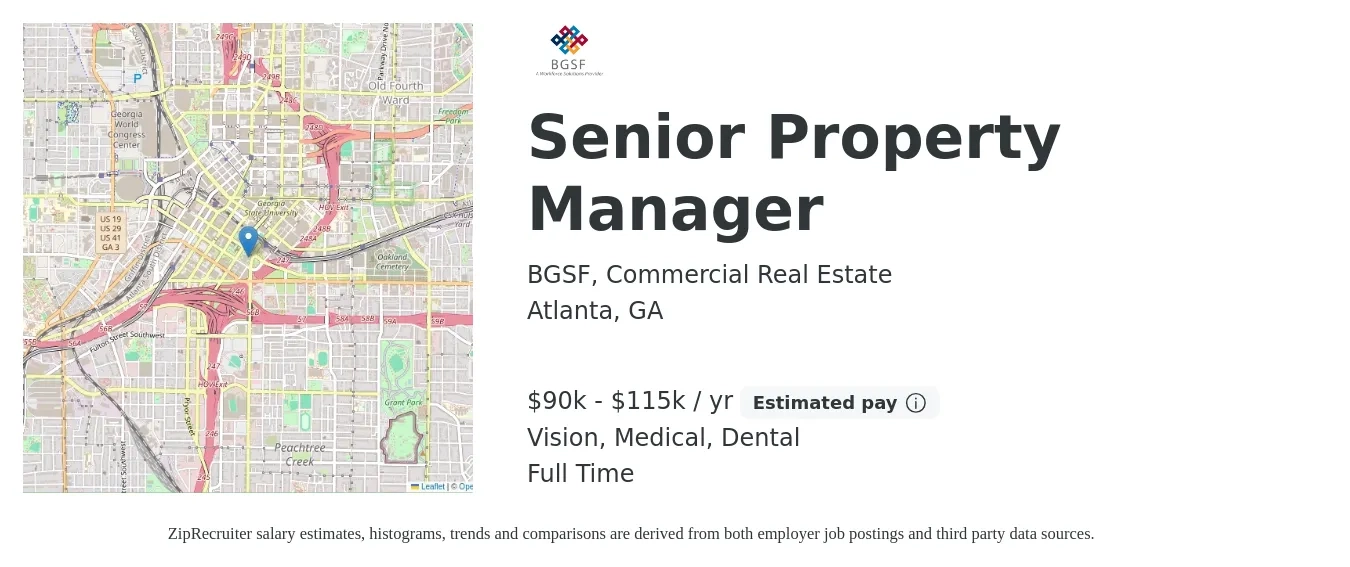 BGSF, Commercial Real Estate job posting for a Senior Property Manager in Atlanta, GA with a salary of $90,000 to $115,000 Yearly and benefits including vision, dental, and medical with a map of Atlanta location.