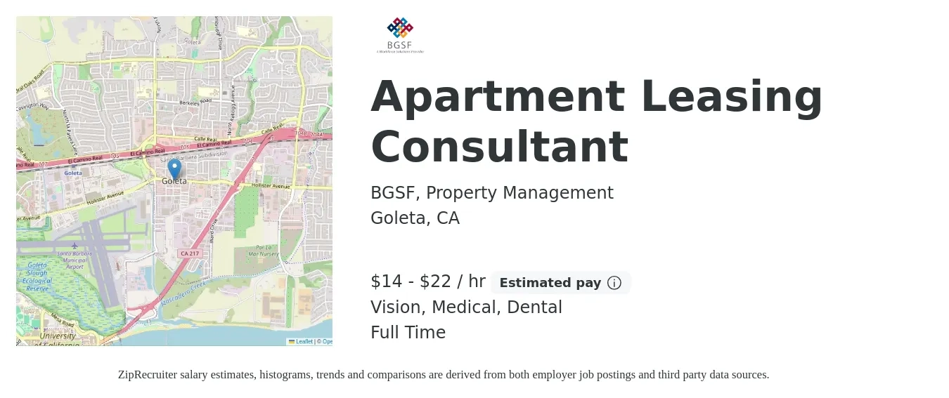 BGSF, Property Management job posting for a Apartment Leasing Consultant in Goleta, CA with a salary of $15 to $23 Hourly and benefits including dental, medical, and vision with a map of Goleta location.